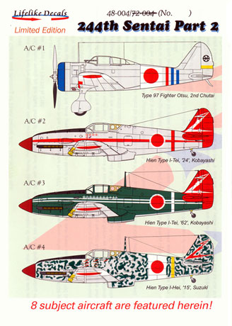 Lifelike Decals 1/48 Scale Japanese WW II Aircraft 244th Sentai Part 3----Model Aircraft Decals